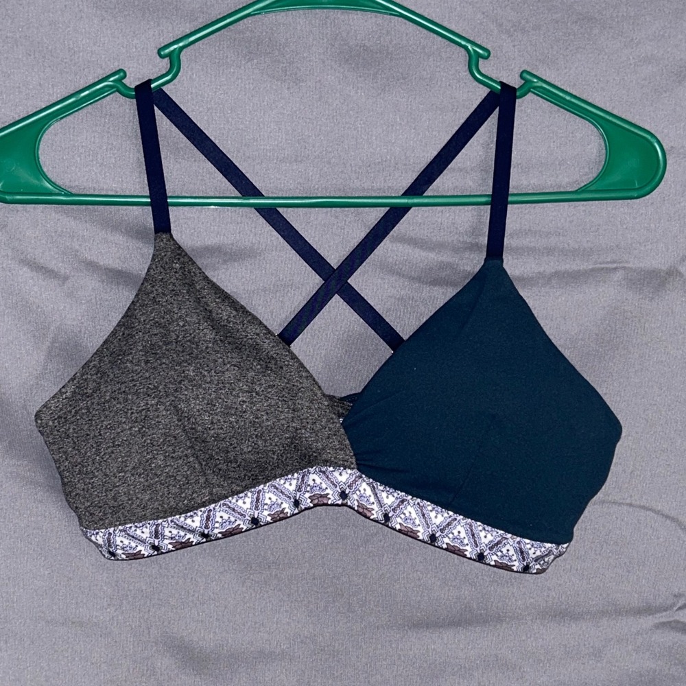 Athleta Inhale Sports Bra Dark Gray Teal Geometric Band Adjustable Straps S